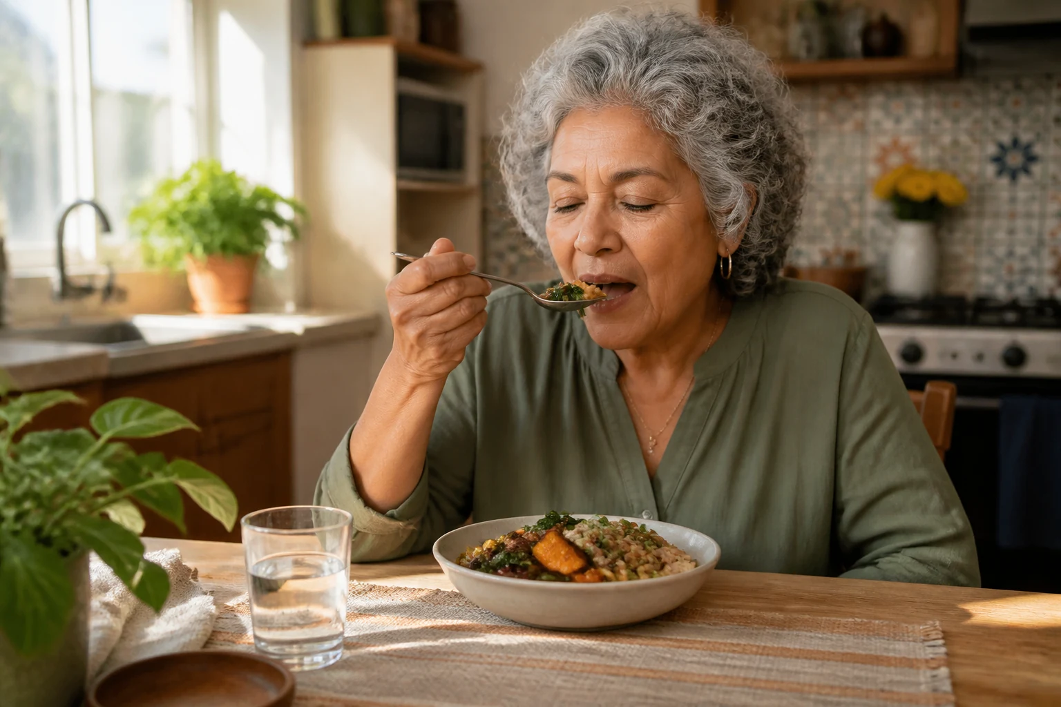 An older woman enjoying a healthy home-cooked meal in a sunny kitchen