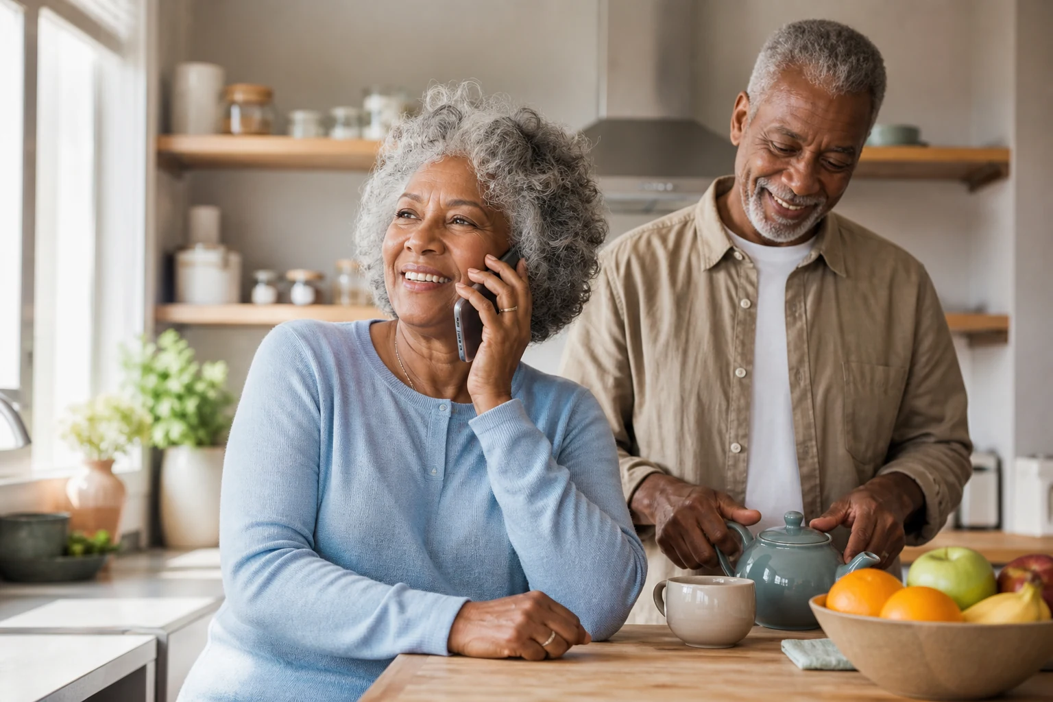 A smiling older couple in their kitchen — she's relaxed on a phone call while he pours the tea