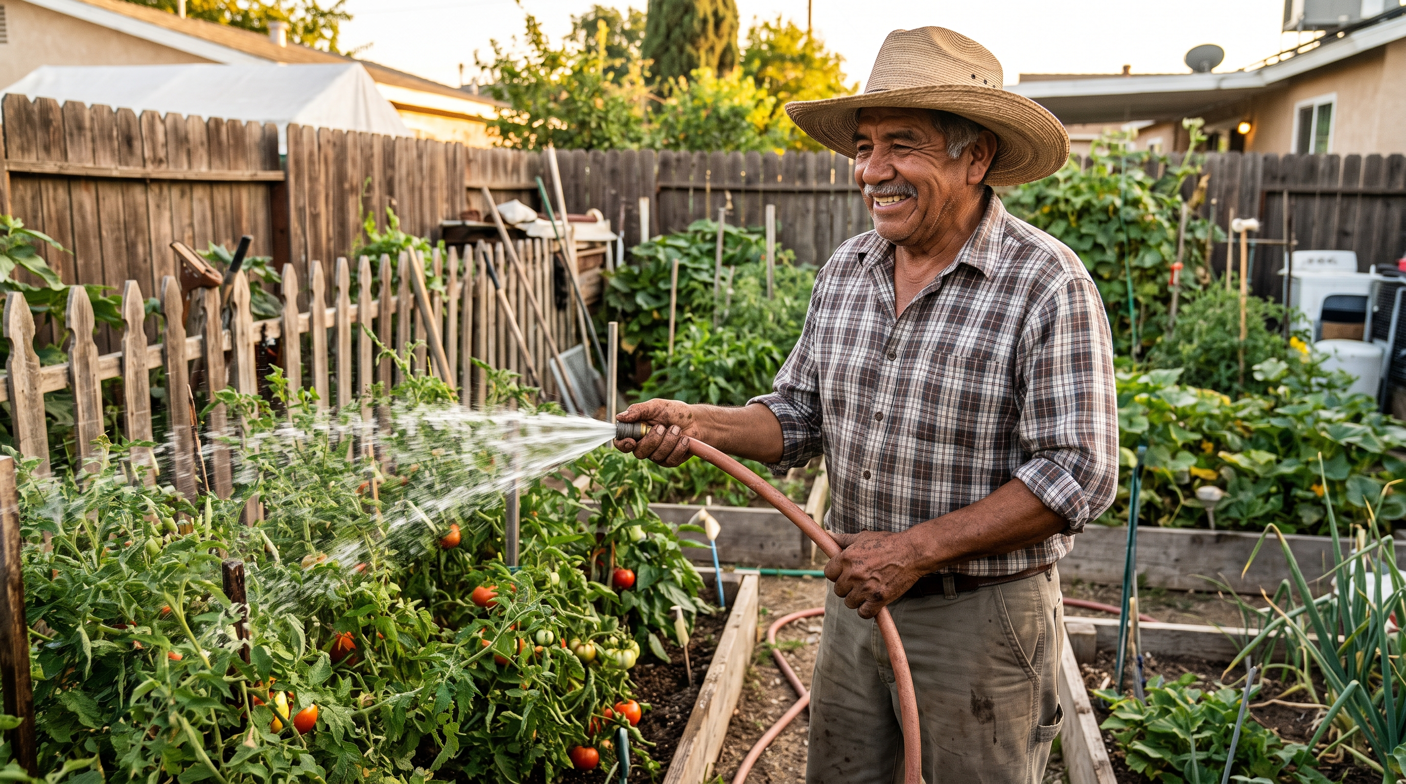 A man in his 70s smiles as he waters tomato plants in his garden