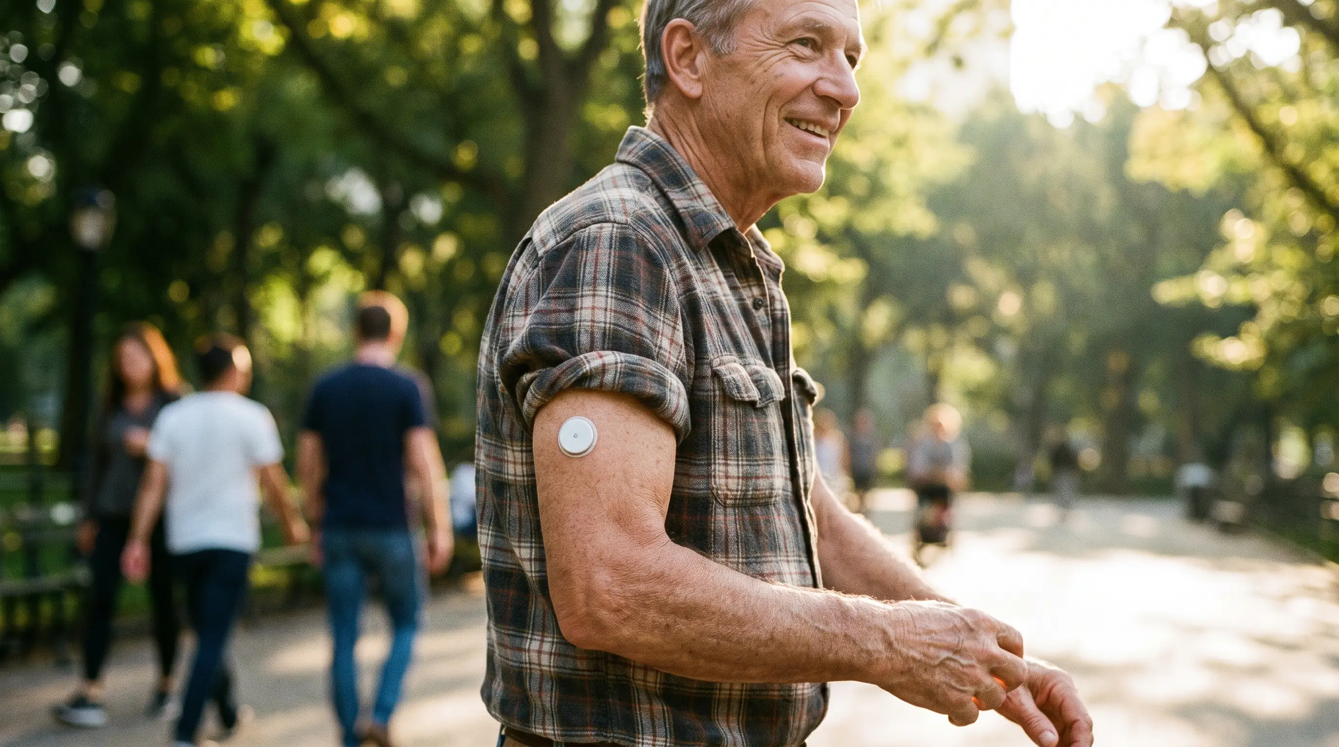 A man in his 60s on a morning walk with a small glucose sensor on his arm
