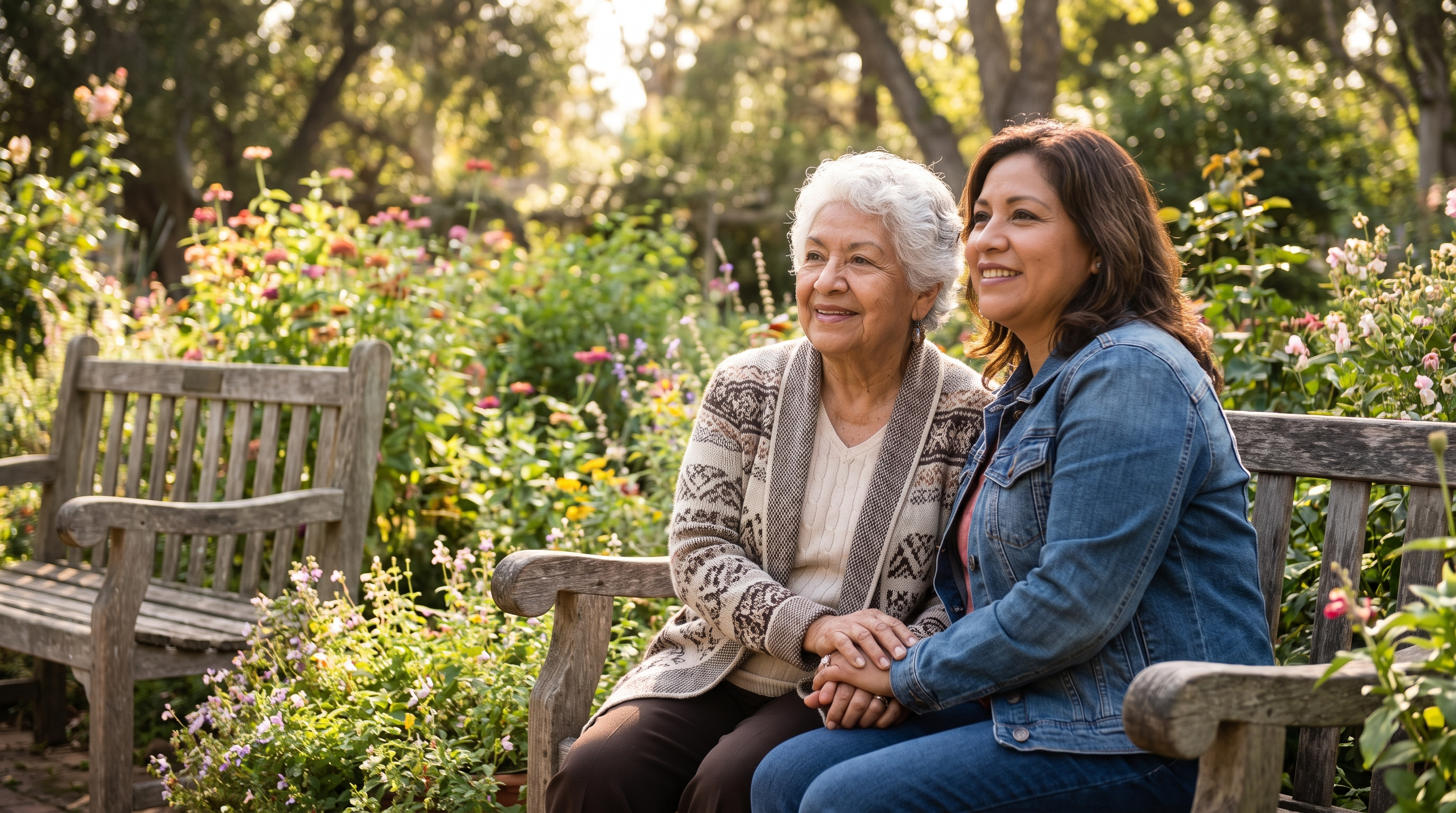 A woman in her 80s holds hands with her daughter on a garden bench