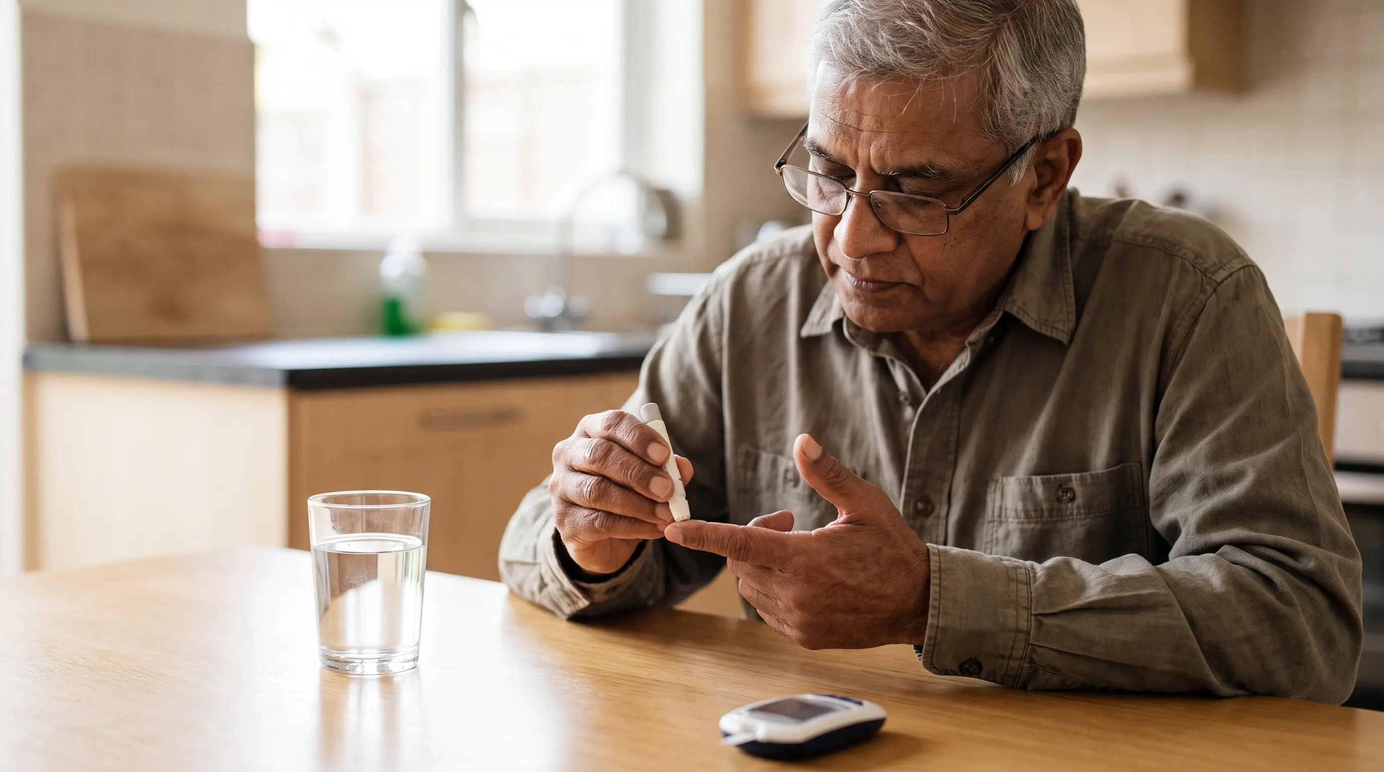 A man in his late 60s checks his blood sugar at his kitchen table