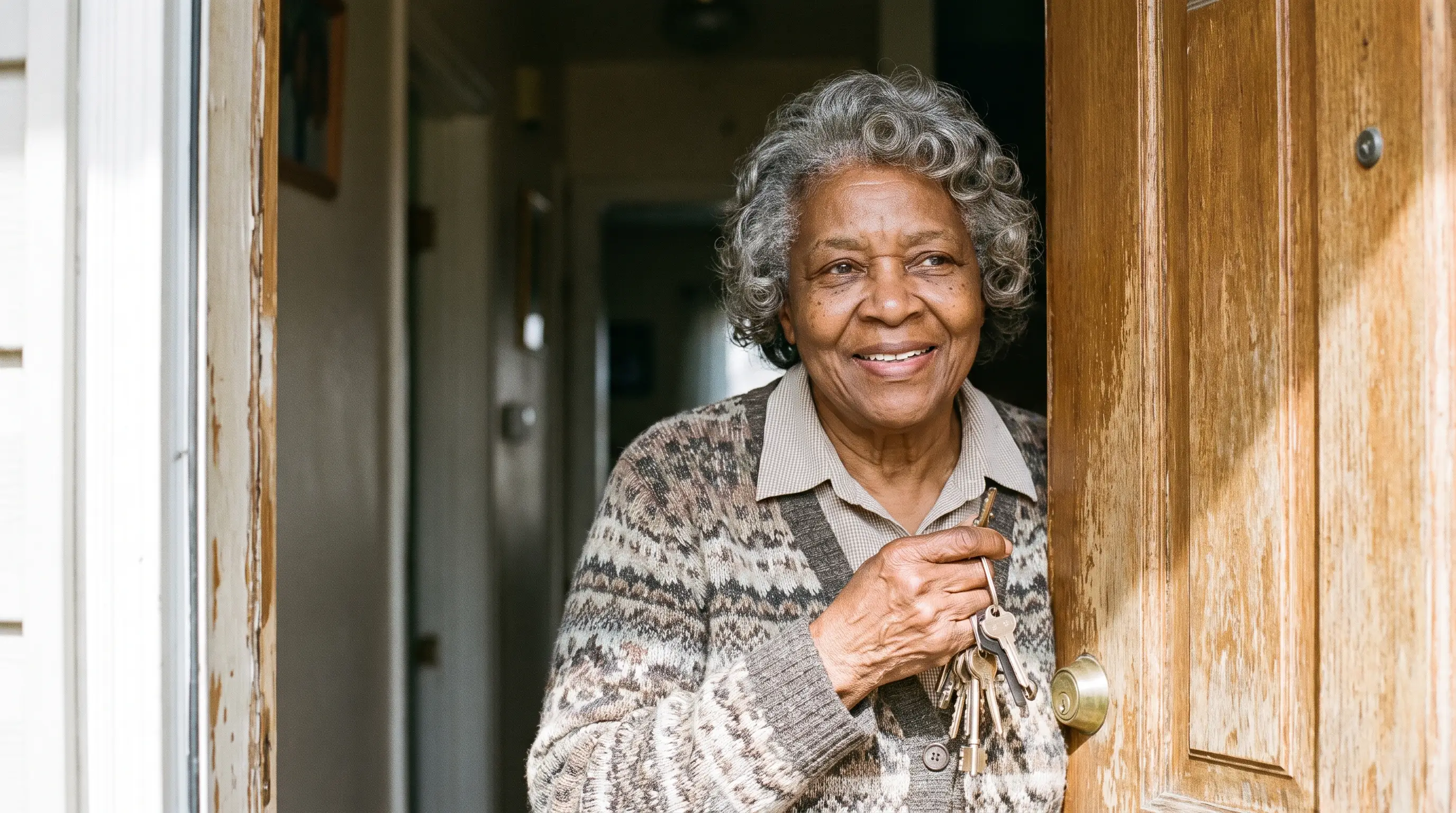 A woman in her 70s smiles in the doorway of her home, holding her keys