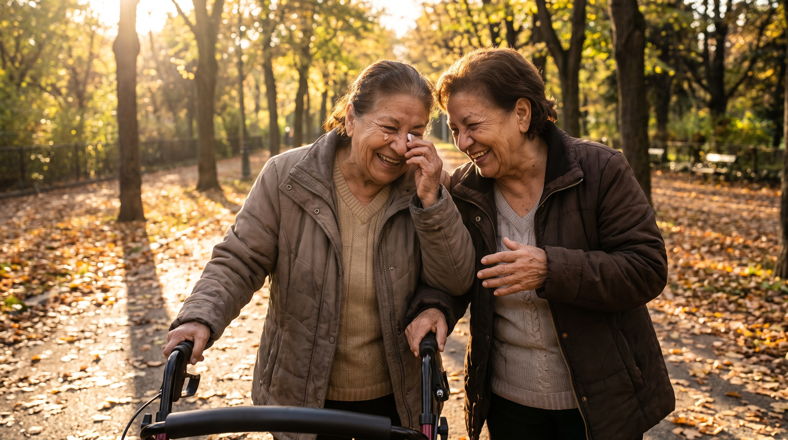Two women in their late 70s laugh on a park path, one using a walker