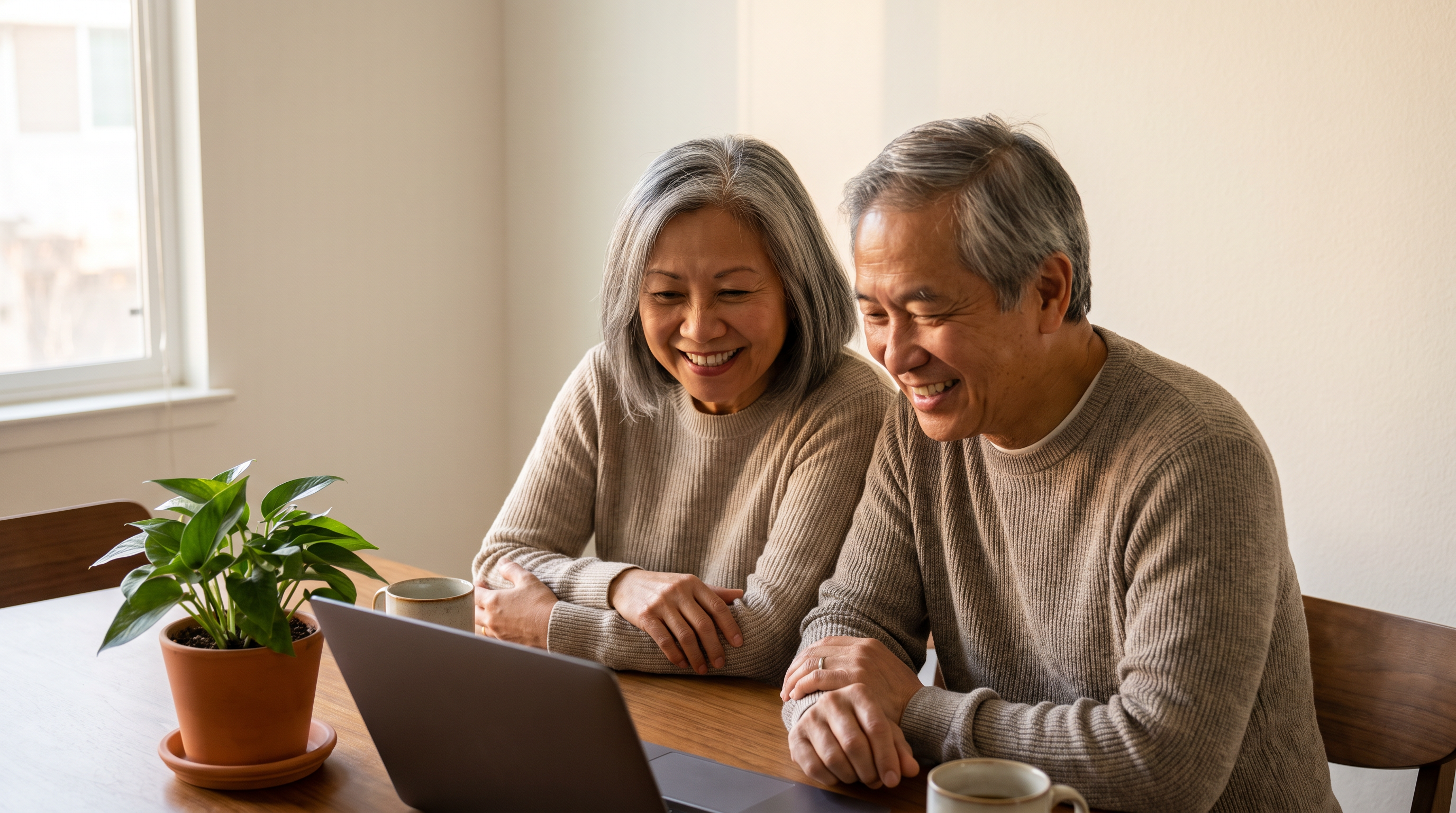 A couple in their late 60s look at a laptop together at their dining table