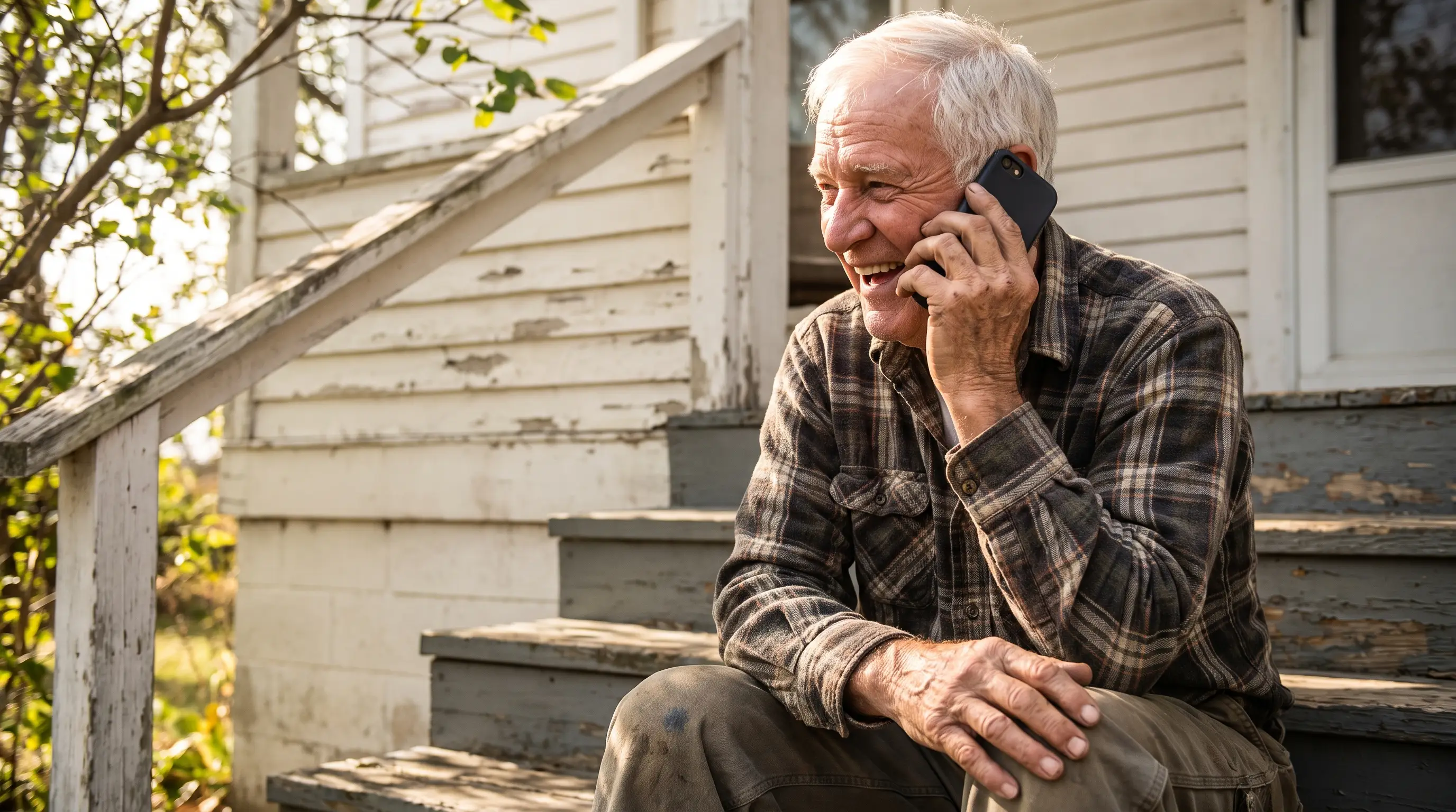 A man in his 70s laughs on his phone on his front steps