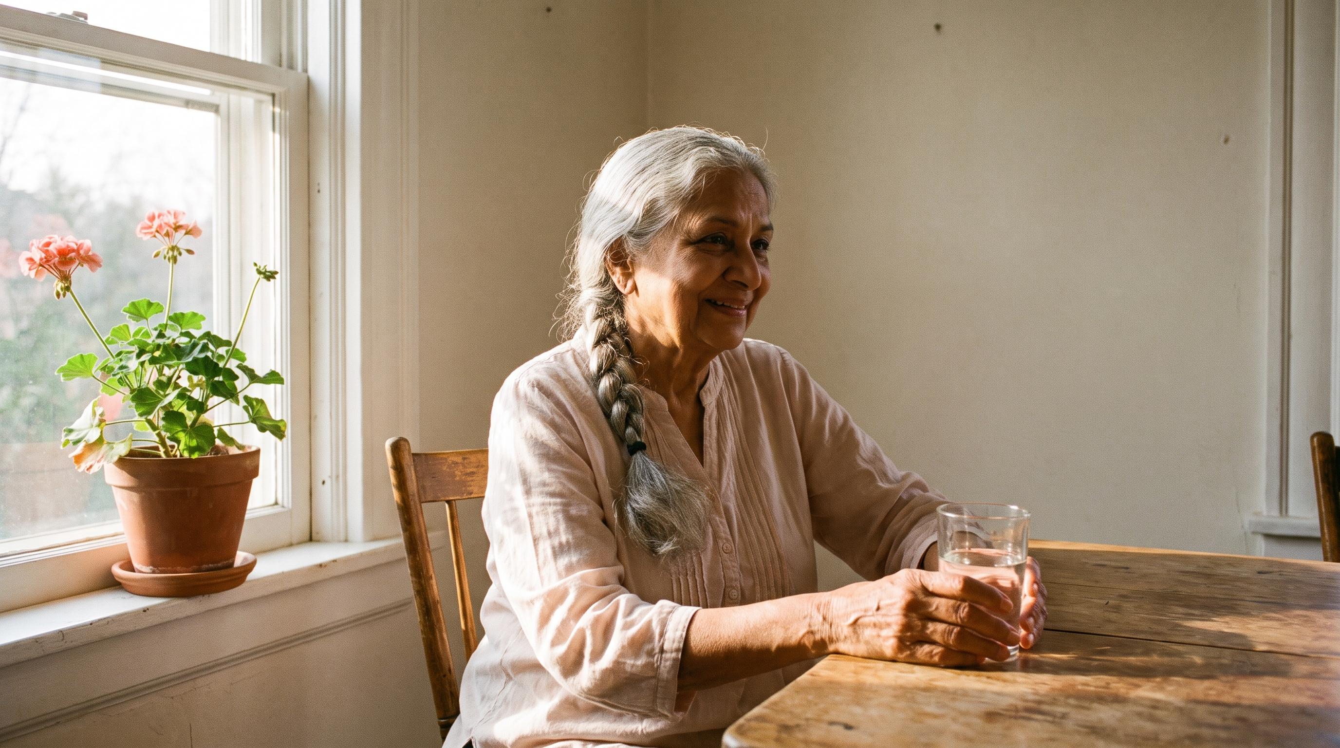 A woman in her 70s with a long silver braid smiles by a sunny window, holding a glass of water