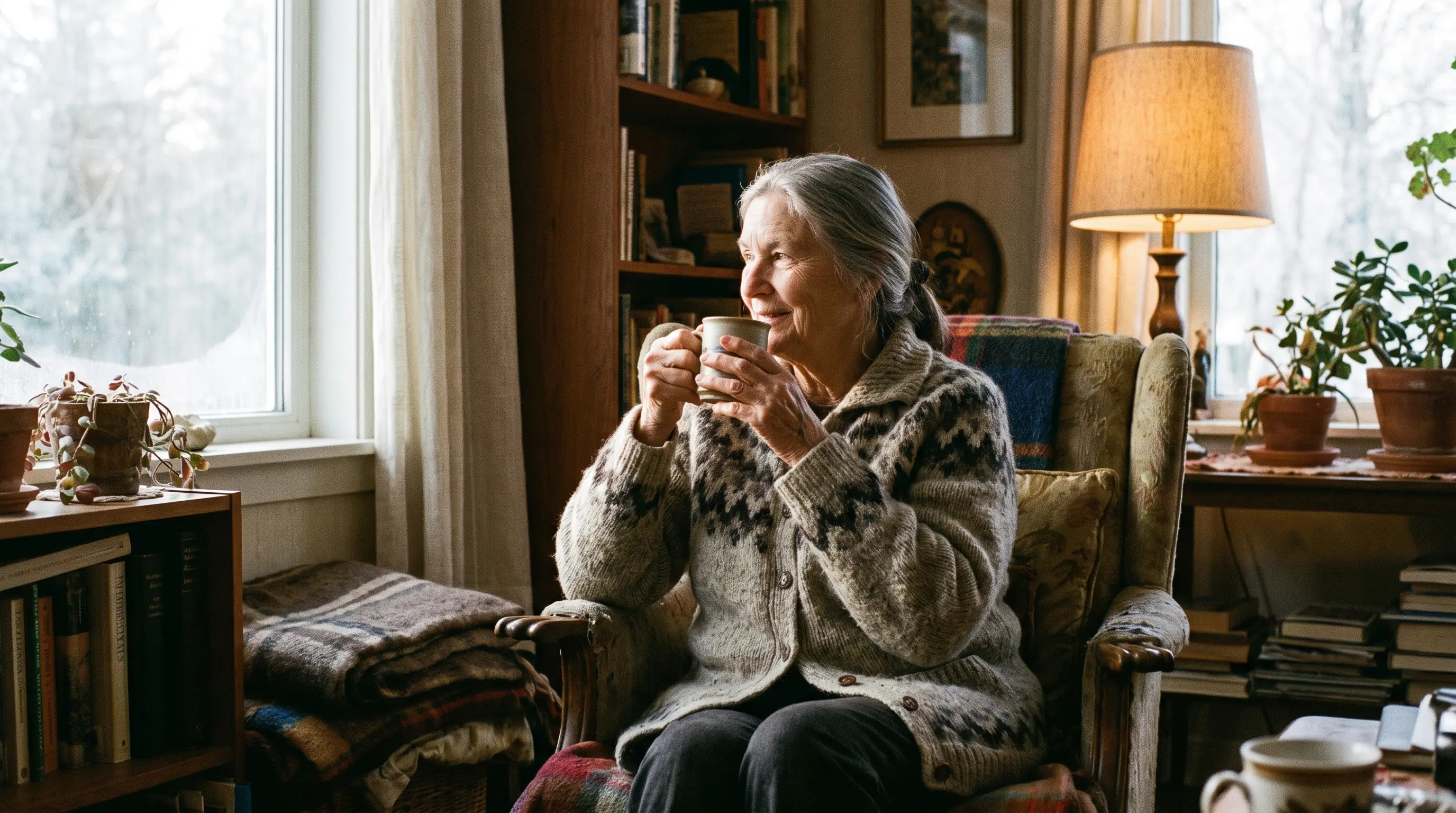 A woman in her 70s sips tea in a warm, lamp-lit living room on a cold morning